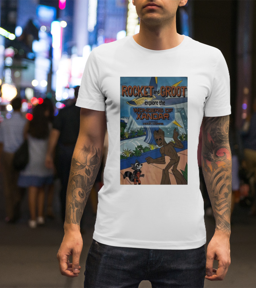 Rocket And Groot Explore The Wonders Of Xandar Featuring The Nova Corps T-Shirt