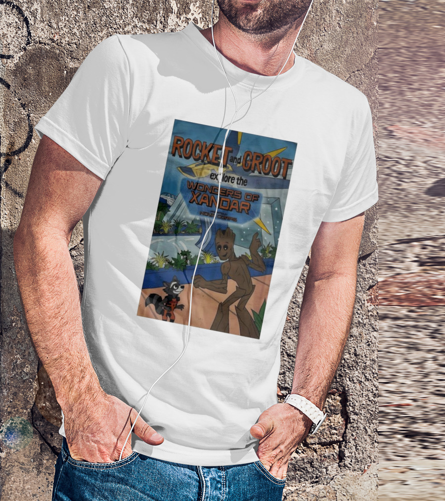 Rocket And Groot Explore The Wonders Of Xandar Featuring The Nova Corps T-Shirt