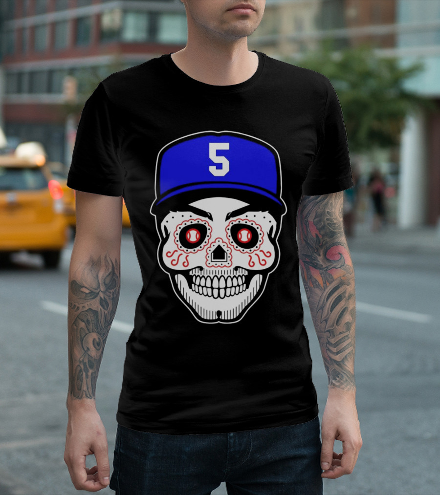 Freddie Freeman Sugar Skull Design Los Angeles Dodgers Number 5 Baseball Cap T-Shirt