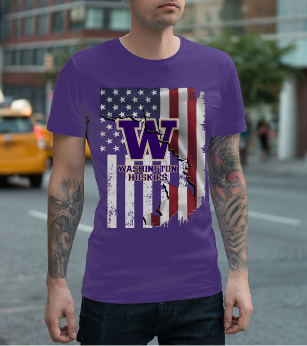 Washington Huskies W Logo American Flag T-Shirt