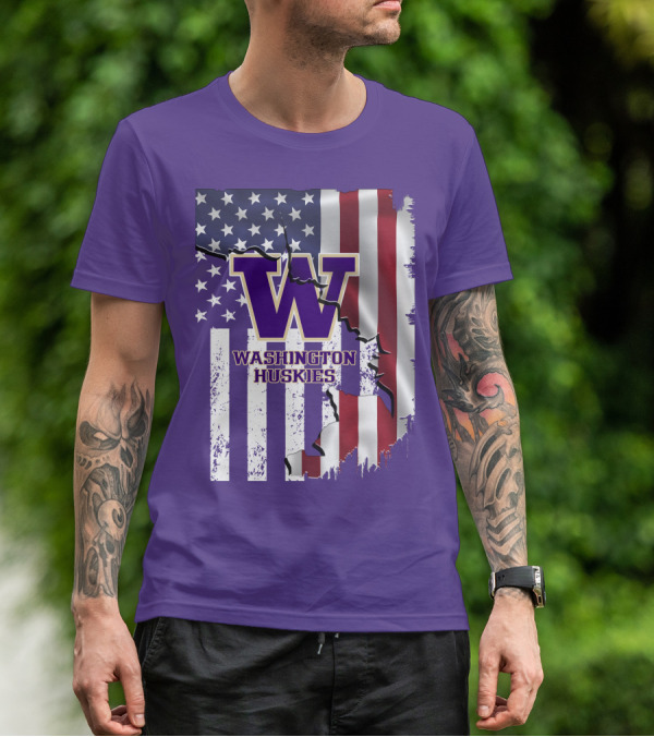 Washington Huskies W Logo American Flag T-Shirt