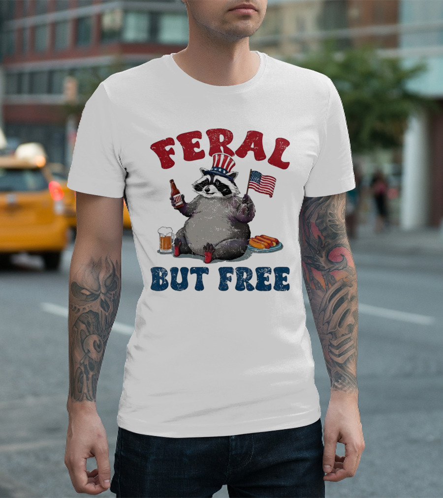 Feral But Free Raccoon Holding USA Flag on 4th of July T-Shirt
