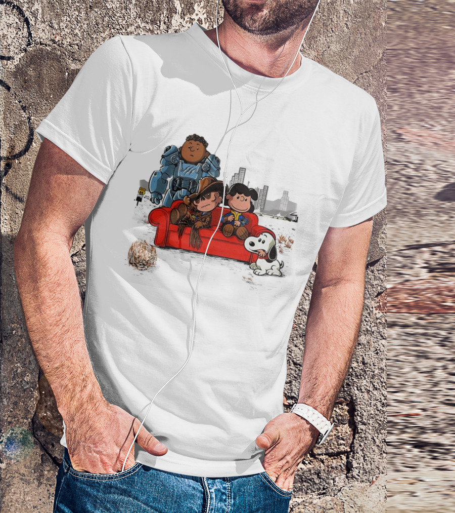 Peanuts Characters On Red Couch With Fallout Power Armor In Apocalypse Scene T-Shirt