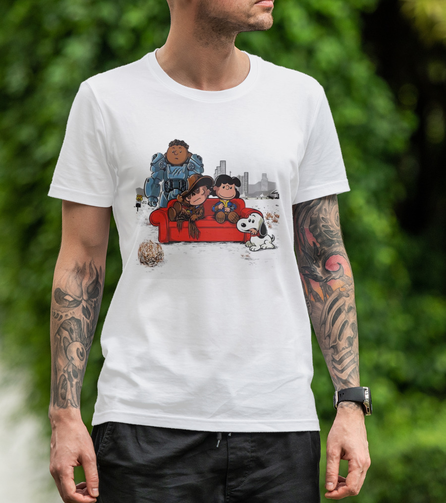 Peanuts Characters On Red Couch With Fallout Power Armor In Apocalypse Scene T-Shirt