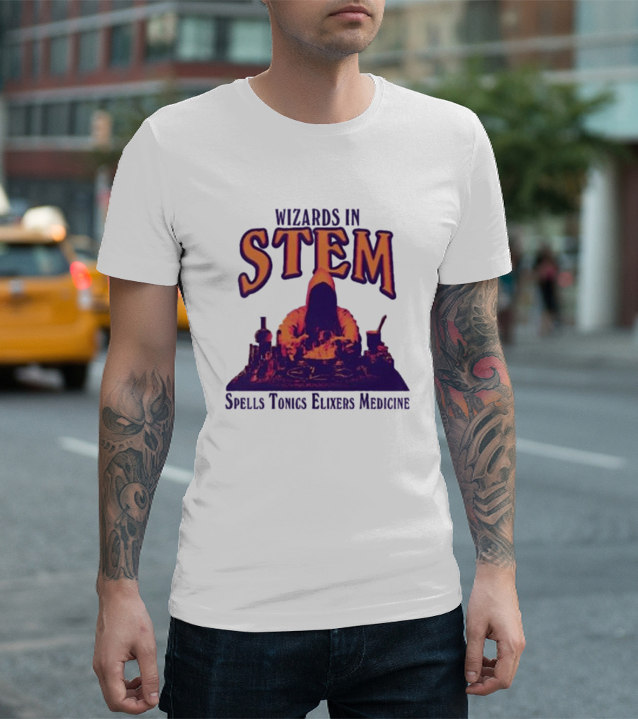 Wizards In STEM Spells Tonics Elixers Medicine Hooded Figure with Potions T-Shirt