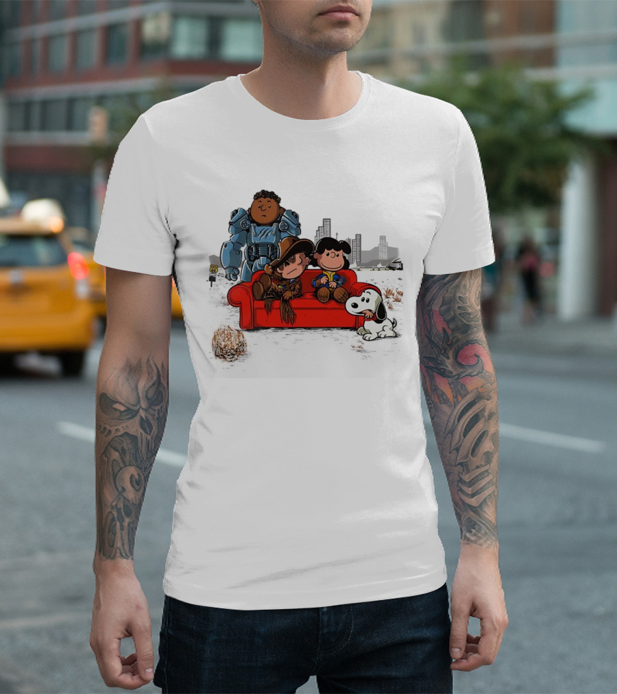 Peanuts Fallout Characters Crossover on Red Couch in Post-Apocalyptic City Scene T-Shirt