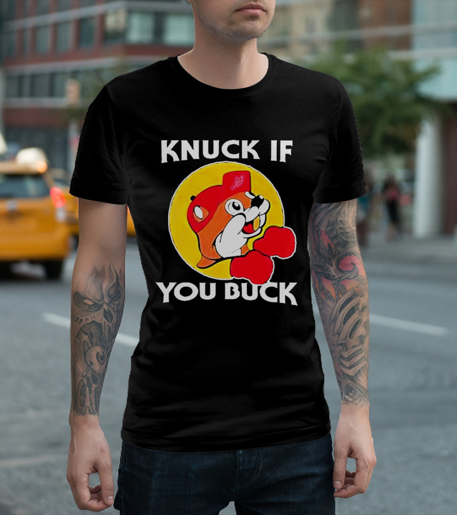 Knuck If You Buck Buc Ees Logo Red Cap Yellow Circle Boxing Gloves T-Shirt