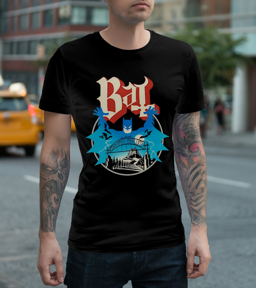 Bat Gotham Asylum Blue Bat Symbol And Red Gothic Font T-Shirt