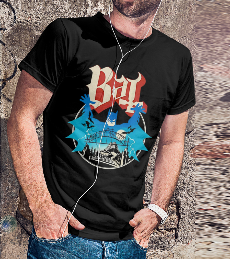 Bat Gotham Asylum Blue Bat Symbol And Red Gothic Font T-Shirt