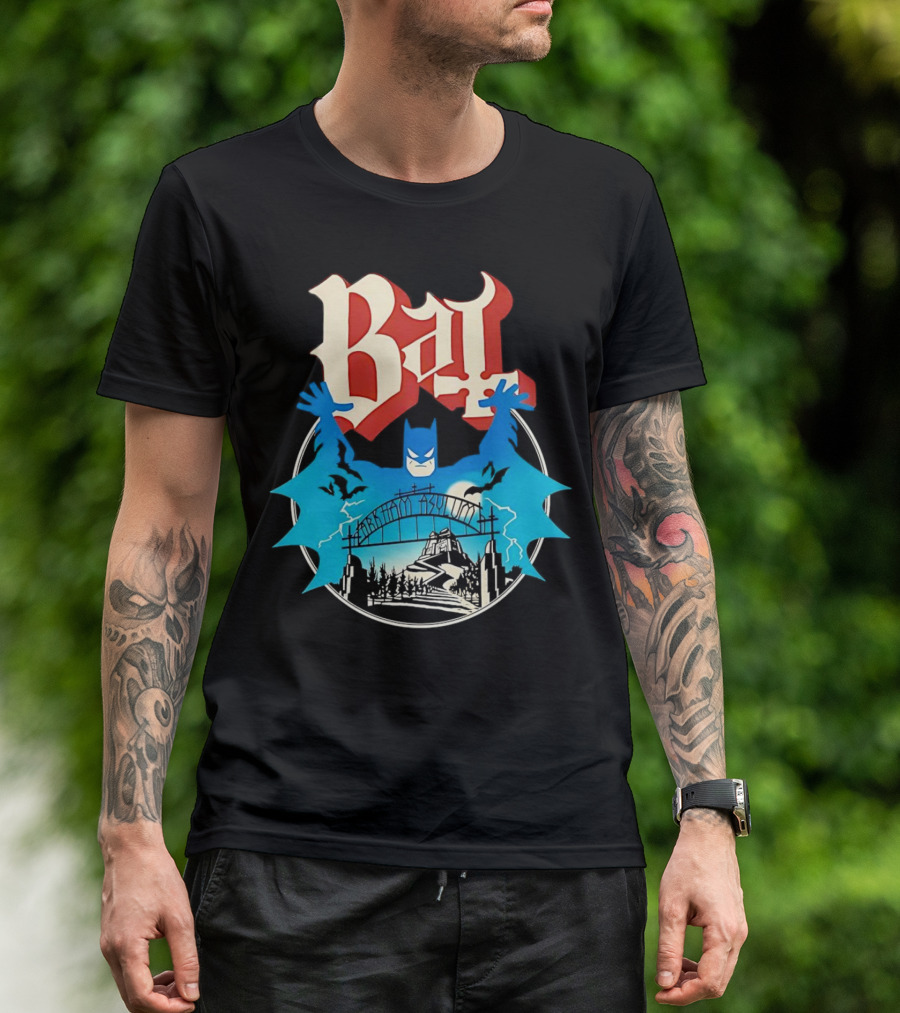 Bat Gotham Asylum Blue Bat Symbol And Red Gothic Font T-Shirt