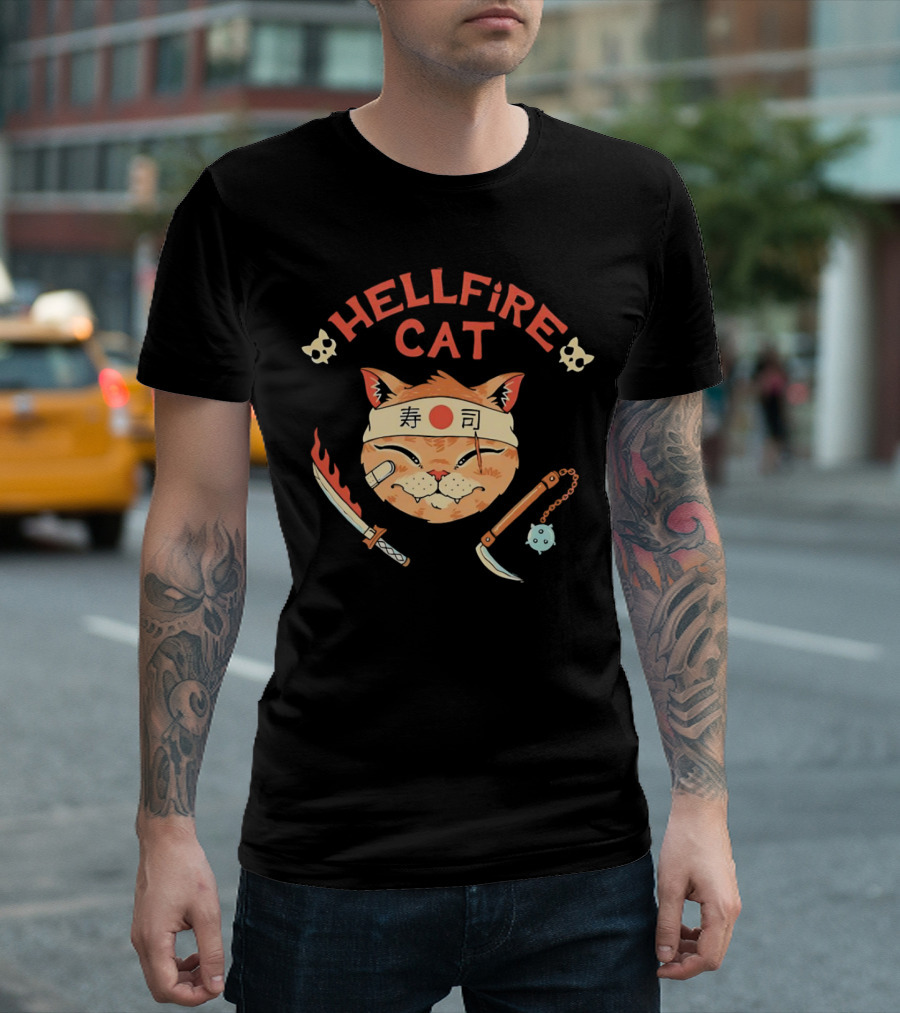 Hellfire Cat Sushi Samurai with Nunchaku and Flaming Sword T-Shirt