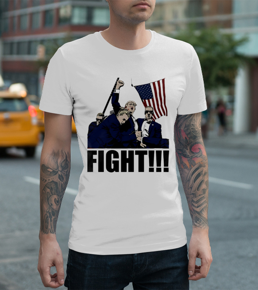FIGHT Strong Hand USA Cartoon Trump with American Flag T-Shirt