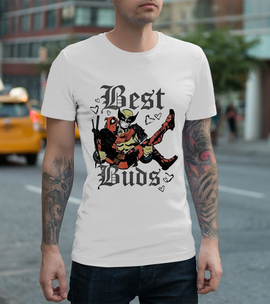 Best Buds Wolverine Carrying Deadpool with Hearts T-Shirt