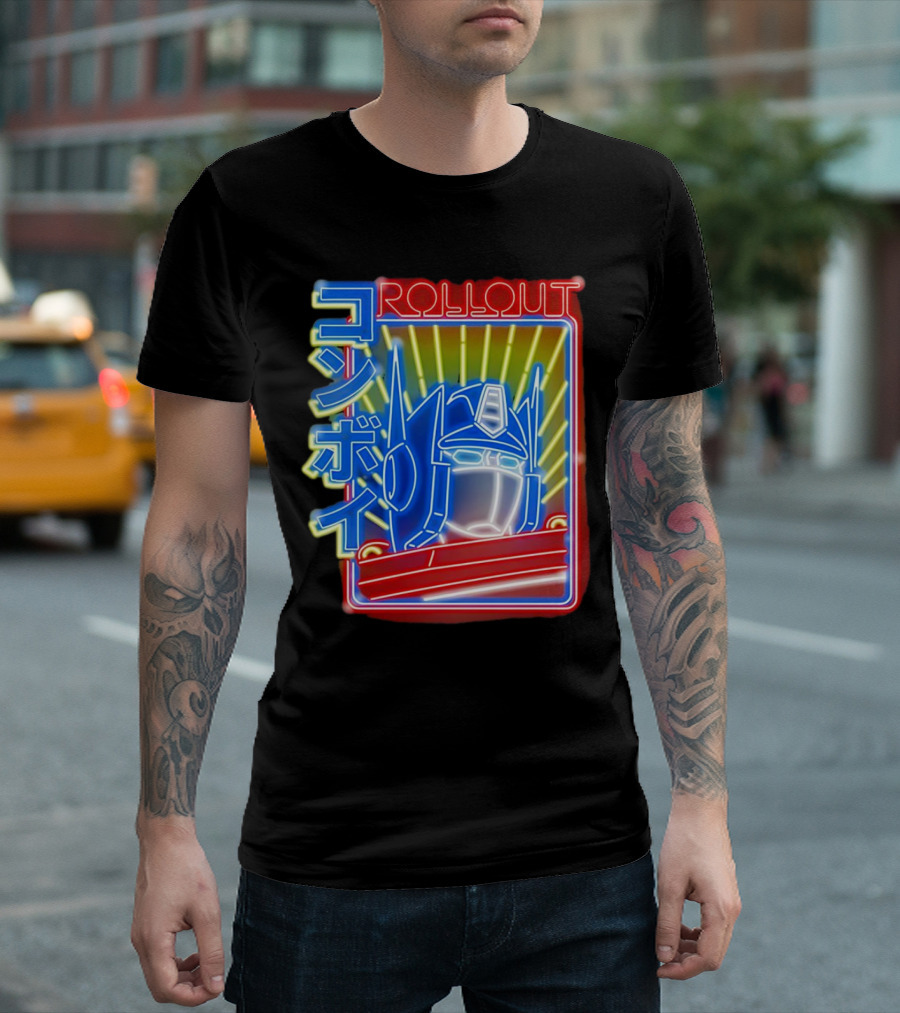 Rollout Neon Prime Robot Head with Japanese Characters T-Shirt