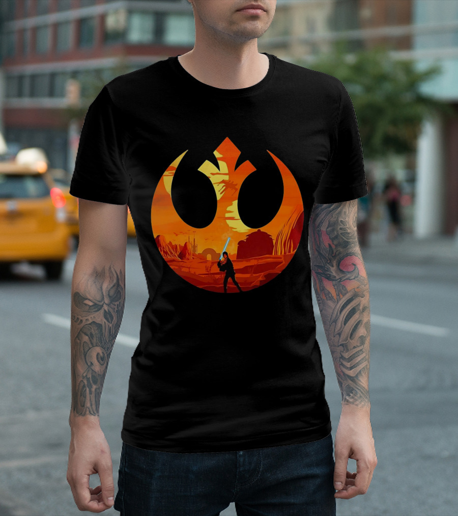 Luke Skywalker the Knight Farmer Tatooine Rebel Symbol Sunset Scene T-Shirt