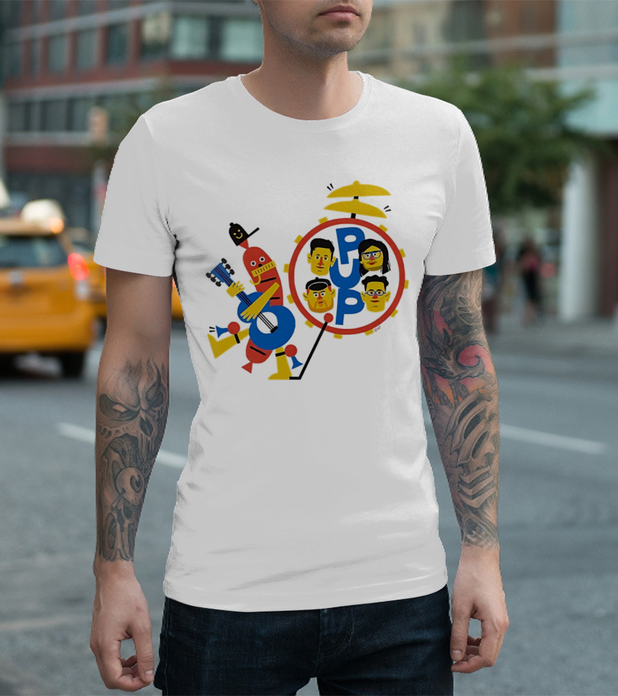 Band of Wiener Pup Drum Faces and Guitar Character T-Shirt