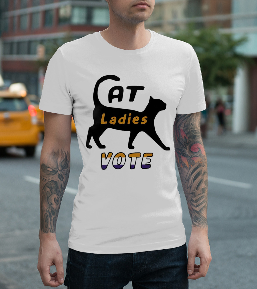 Cat Ladies Vote Black Cat Design with Purple and Orange Text T-Shirt