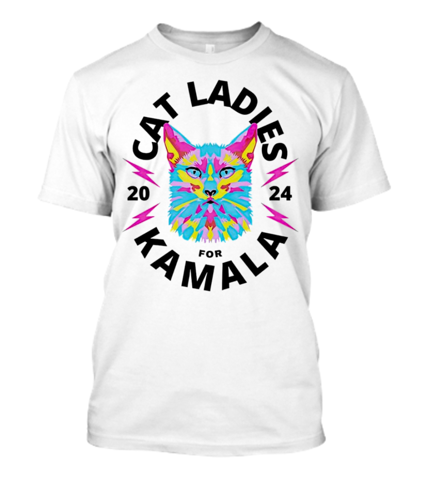 Cat Ladies For Kamala 2024 Colorful Cat With Lightning Bolts T-Shirt
