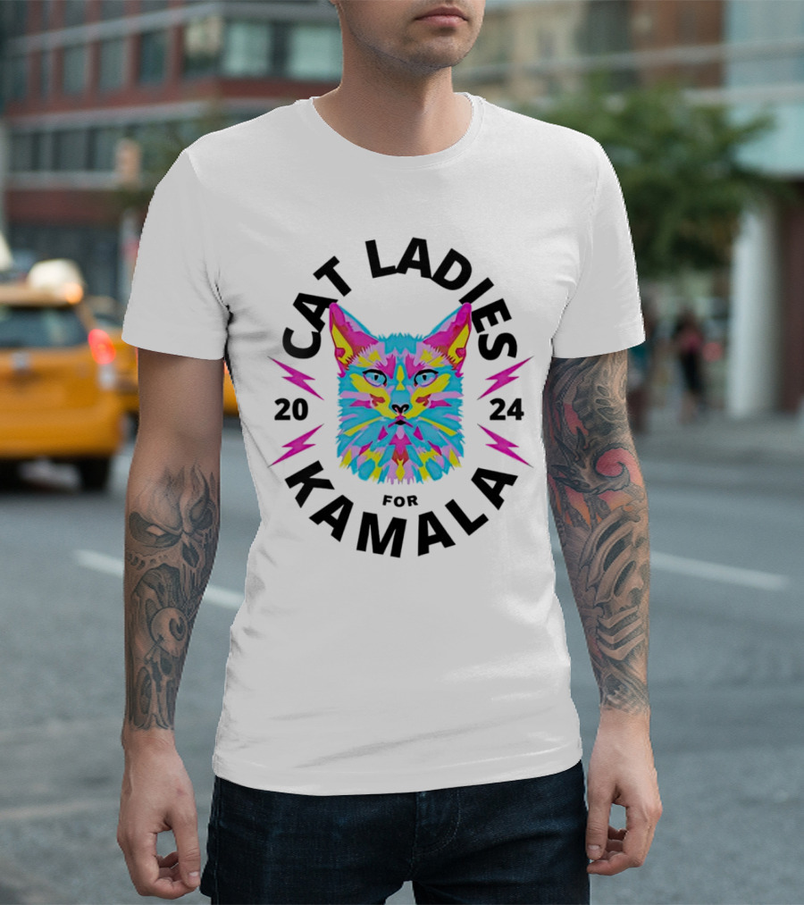 Cat Ladies For Kamala 2024 Colorful Cat With Lightning Bolts T-Shirt