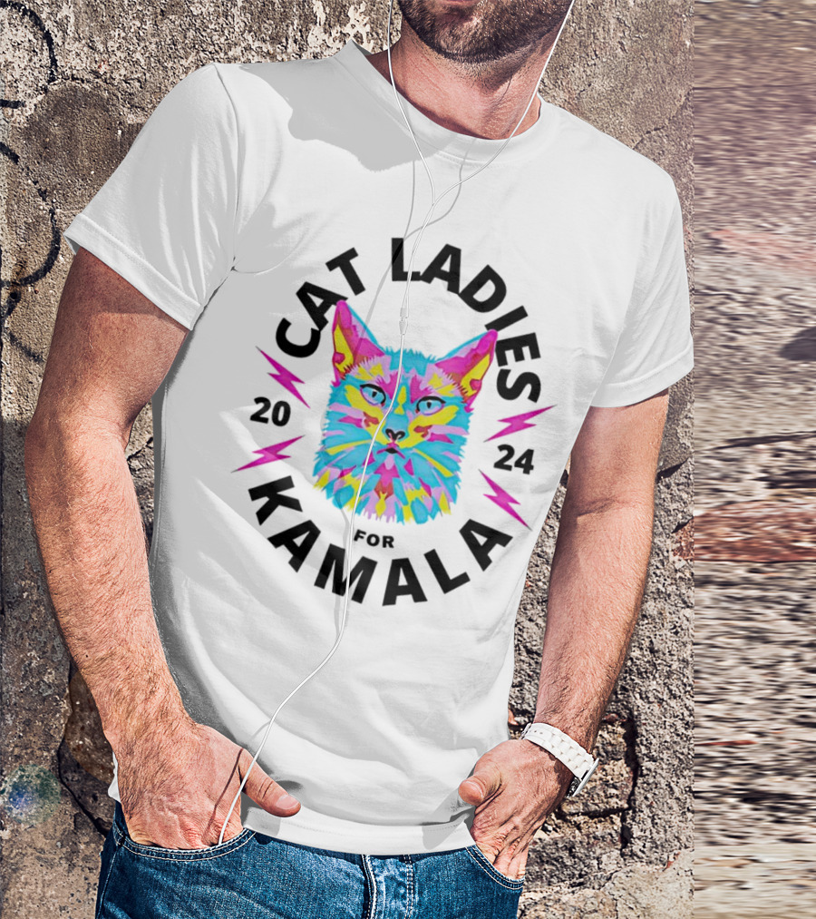 Cat Ladies For Kamala 2024 Colorful Cat With Lightning Bolts T-Shirt