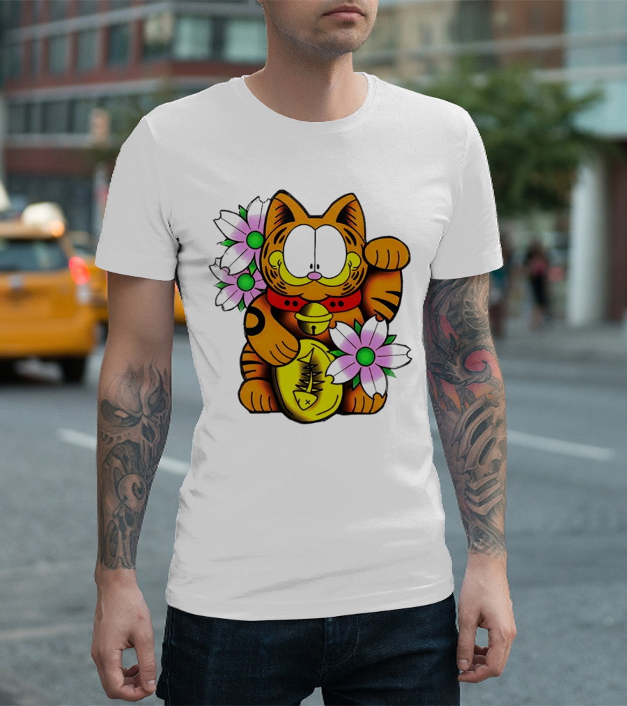 Garfield Maneki Neko with Fish Coin and Flowers T-Shirt