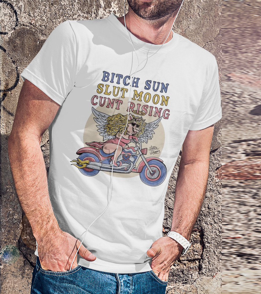 Bitch Sun Slut Moon Cunt Rising Winged Pig On Motorcycle T-Shirt