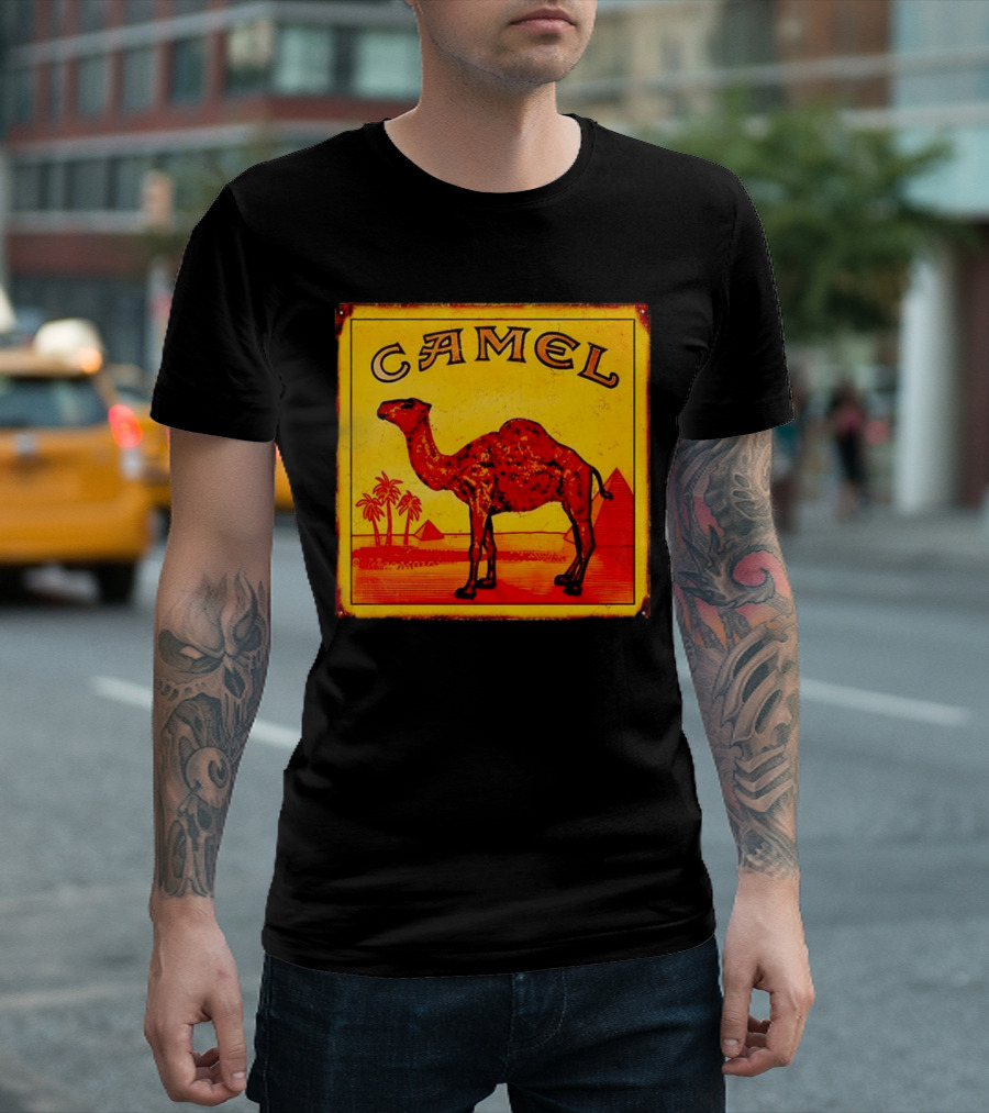 Vintage Camel Cigarettes Logo Yellow Square with Red Camel and Pyramids T-Shirt