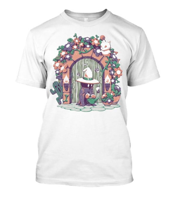 A Gardening Mage And Friends Enchanted Floral Doorway Fantasy Garden Scene T-Shirt