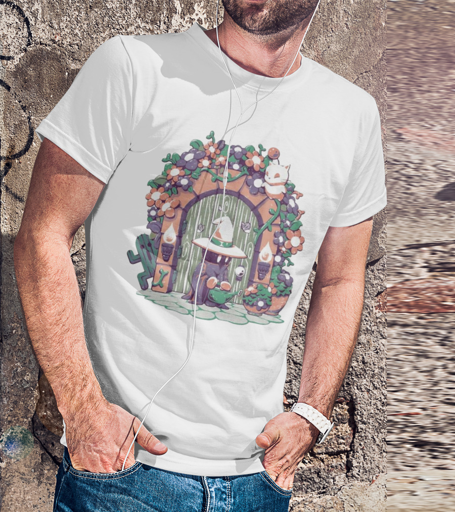 A Gardening Mage And Friends Enchanted Floral Doorway Fantasy Garden Scene T-Shirt