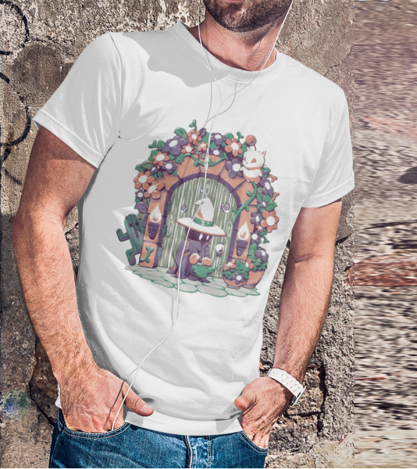 A Gardening Mage And Friends Enchanted Floral Doorway Fantasy Garden Scene T-Shirt