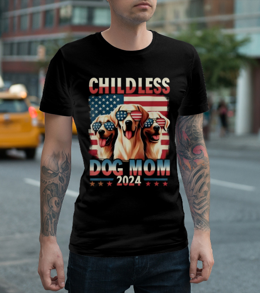 Childless Dog Mom 2024 American Flag Dogs with Sunglasses T-Shirt