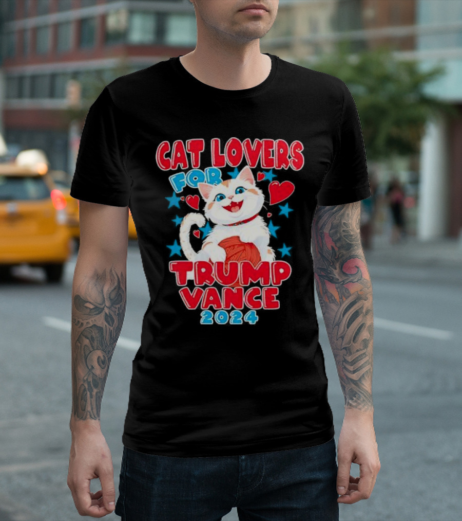 Cat Lovers For Trump Vance 2024 Fashion Trends With Playful Kitten And Hearts T-Shirt