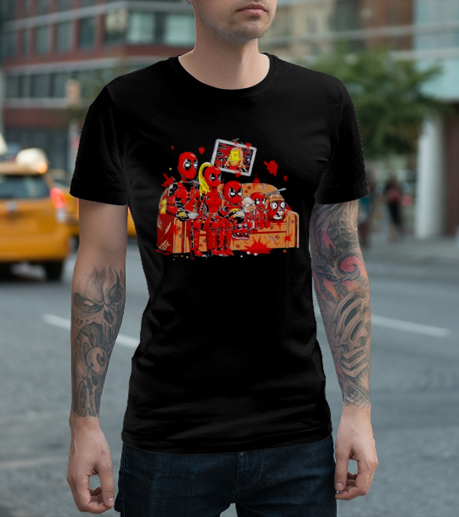 Deadpool Characters Sitting on Simpsons Couch with TV Screen T-Shirt