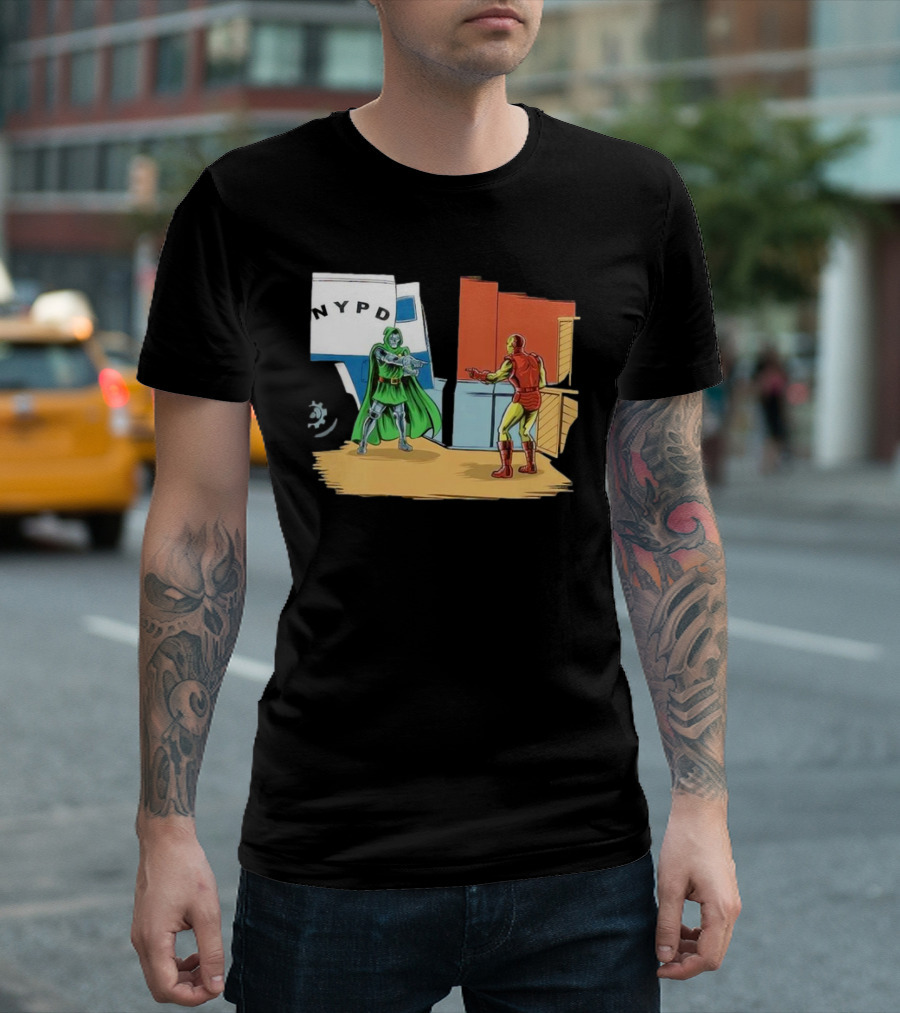 Doctor Doom Pointing at Iron Man in NYPD Scene New Mask Same Task T-Shirt