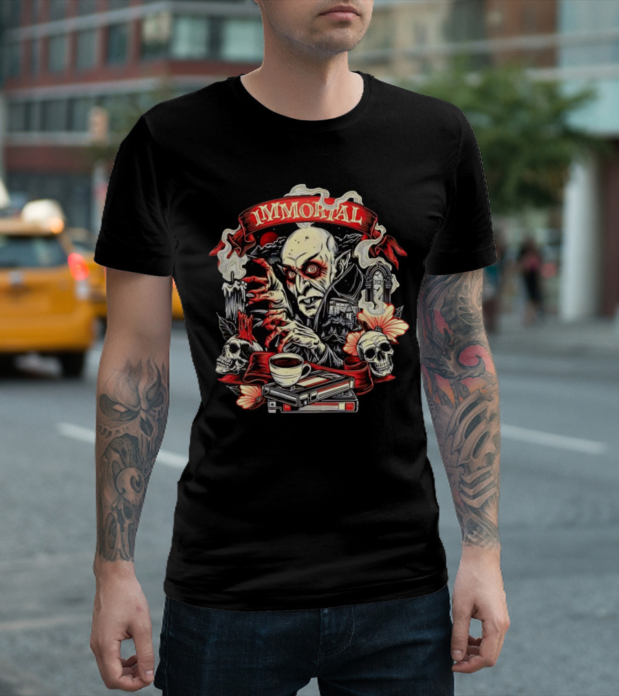 Count Orlok Nosferatu Immortal Vampire with Skulls and Coffin Mug T-Shirt