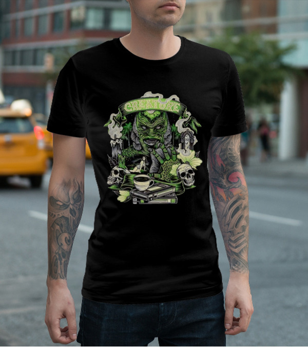 Creature From The Black Lagoon Gill-man Illustrated With Skulls, Books, And Coffee Cup T-Shirt