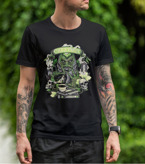 Creature From The Black Lagoon Gill-man Illustrated With Skulls, Books, And Coffee Cup T-Shirt