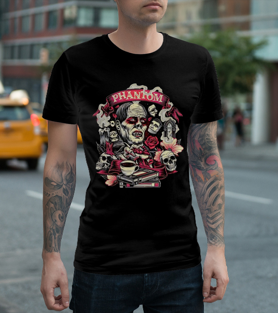 Phantom Of The Opera The Many Faces Of The Phantom With Skulls, Roses, And Coffee Cup T-Shirt
