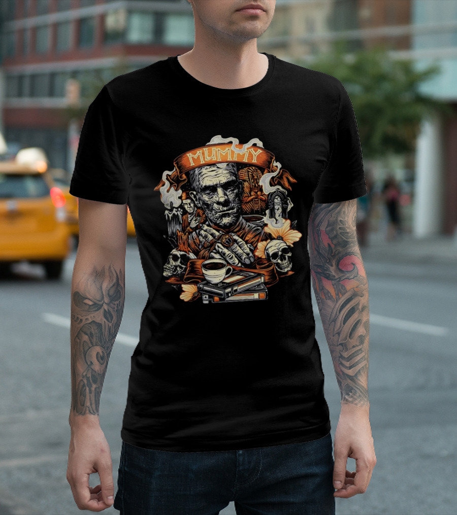 Mummy Vintage Horror Scene With Skulls And Coffee T-Shirt
