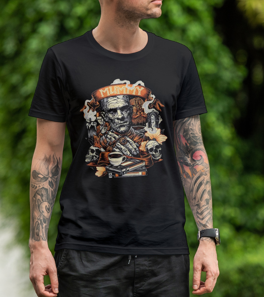 Mummy Vintage Horror Scene With Skulls And Coffee T-Shirt