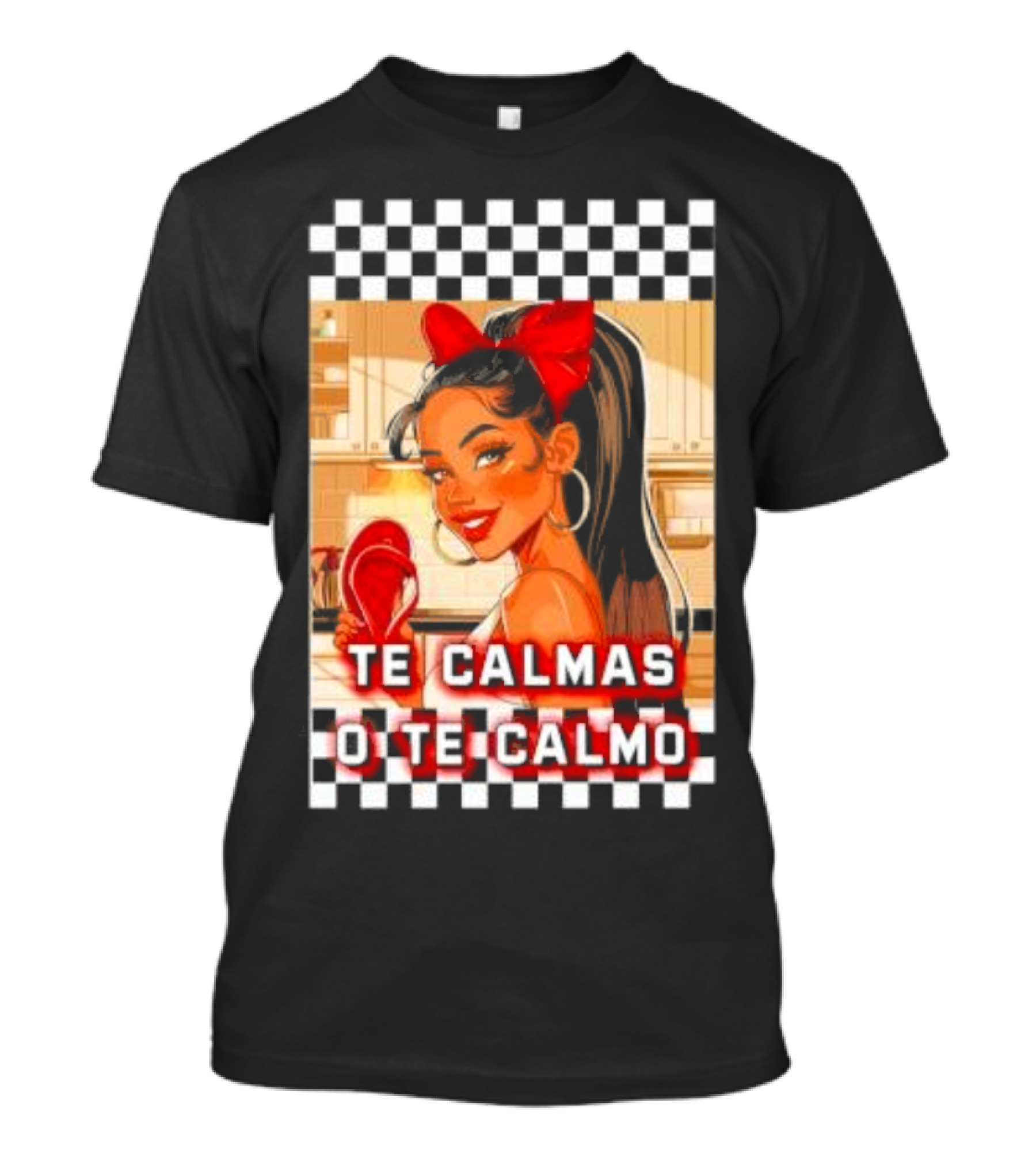 Te Calmas O Te Calmo Red Bandana Woman With Checkered Border T-Shirt