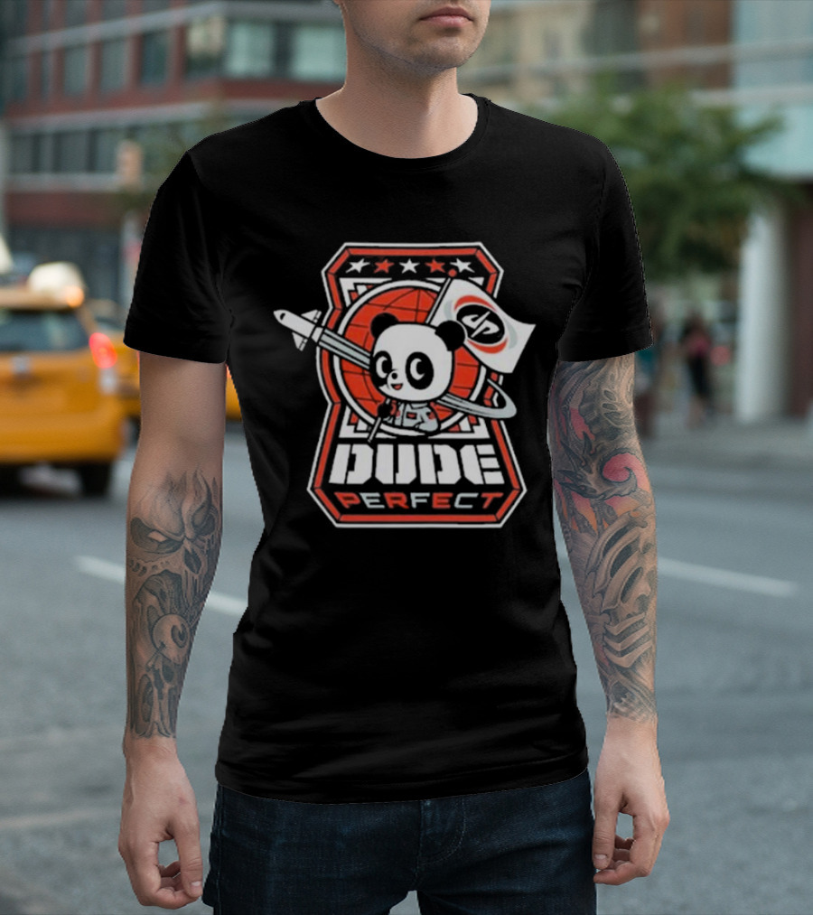 Dude Perfect Astropanda 2024 Rocket Panda Logo and Flag T-Shirt