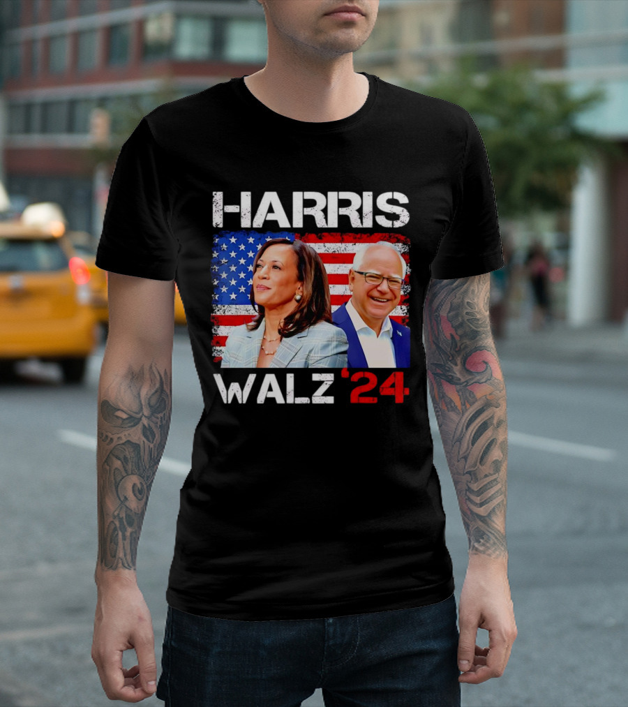 Harris Walz 2024 President Election Kamala Harris Tim Walz American Flag T-Shirt