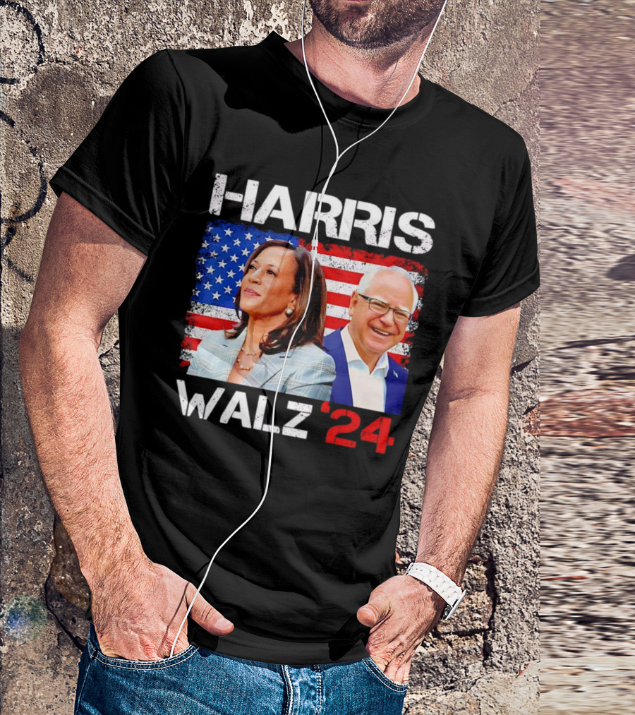 Harris Walz 2024 President Election Kamala Harris Tim Walz American Flag T-Shirt