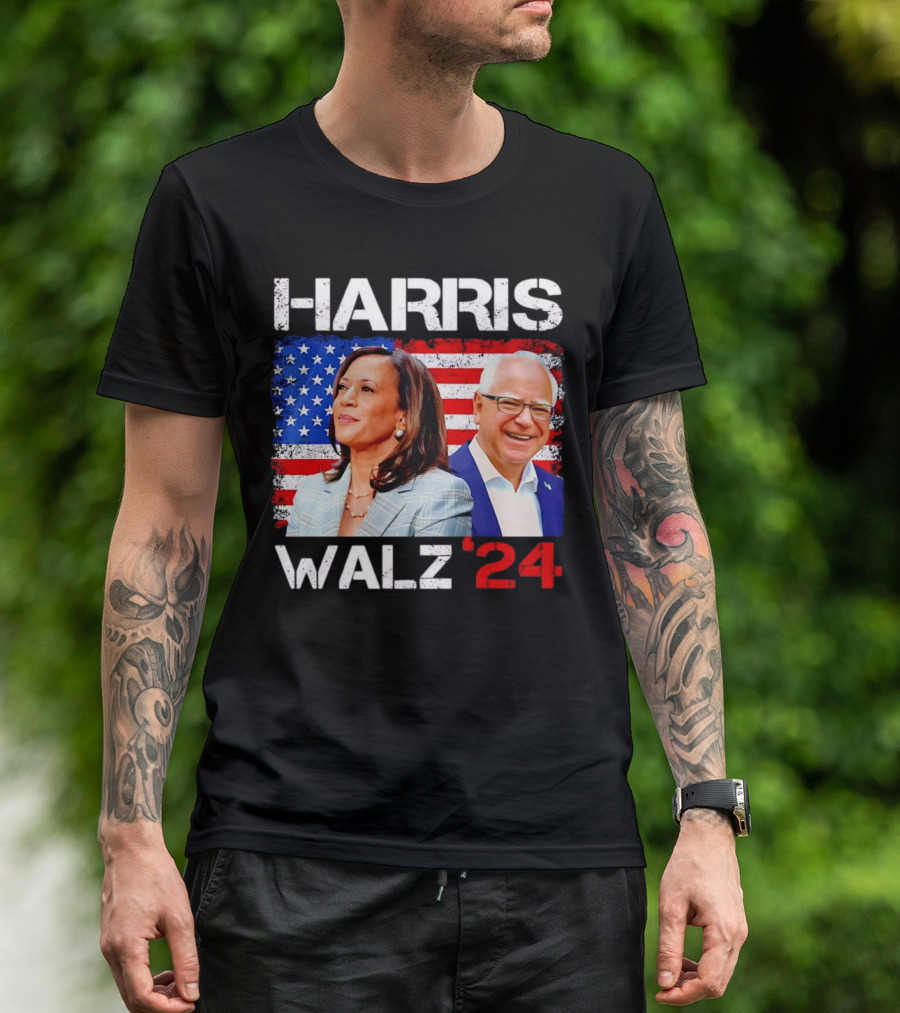 Harris Walz 2024 President Election Kamala Harris Tim Walz American Flag T-Shirt