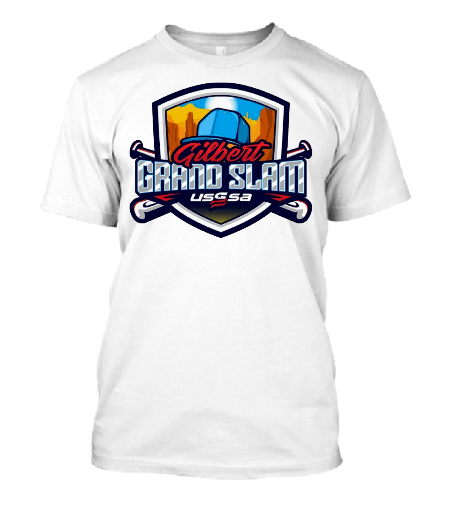 Gilbert Grand Slam USSSA Arizona Baseball 2024 Shield Logo With Baseball Bats And Desert Cactus Background T-Shirt