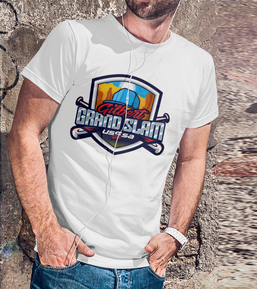 Gilbert Grand Slam USSSA Arizona Baseball 2024 Shield Logo With Baseball Bats And Desert Cactus Background T-Shirt