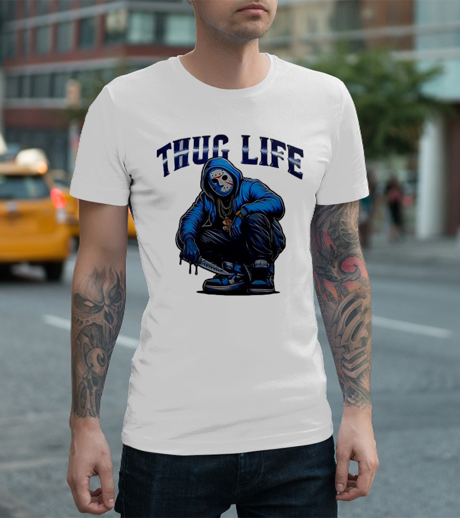 Thug Life Masked Man Sitting With Knife In Blue Hoodie And Sneakers T-Shirt