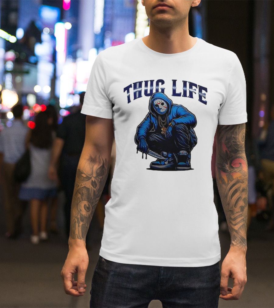 Thug Life Masked Man Sitting With Knife In Blue Hoodie And Sneakers T-Shirt