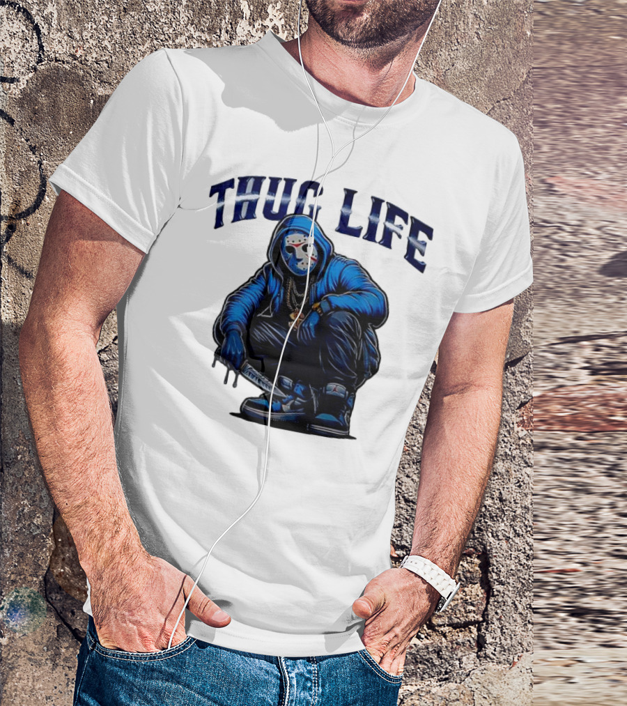 Thug Life Masked Man Sitting With Knife In Blue Hoodie And Sneakers T-Shirt